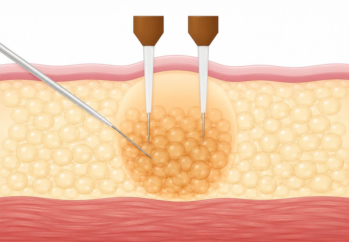 Diagram of insulated microneedle radiofrequency delivering energy into the lower eyelid fat pad