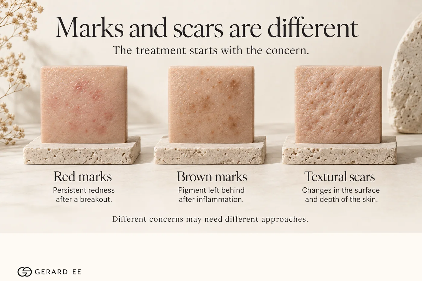 Red acne marks, brown acne marks and textural acne scars need different laser treatment