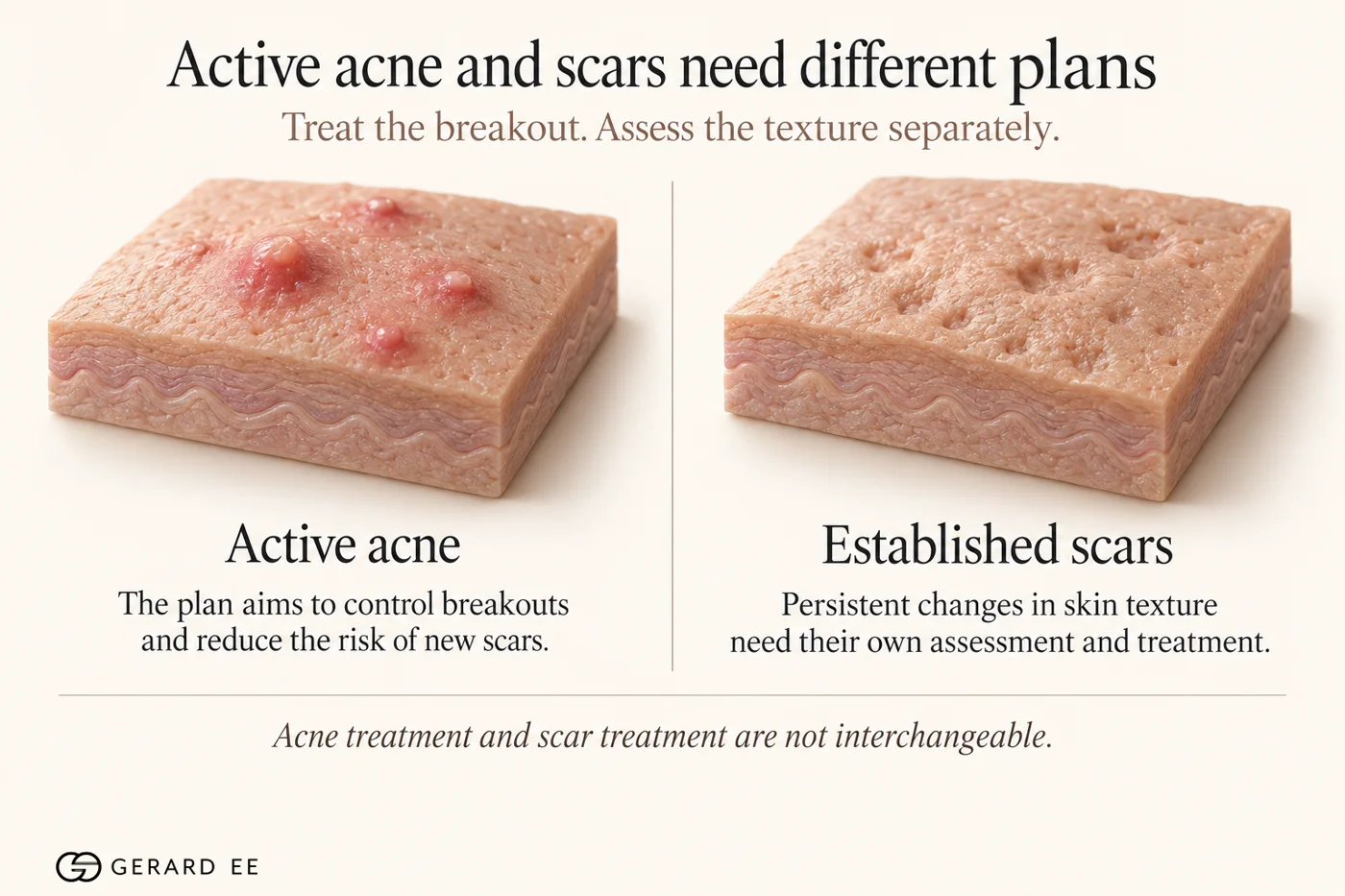 Active acne and acne scars need different treatment plans: treat the breakout, assess the texture separately