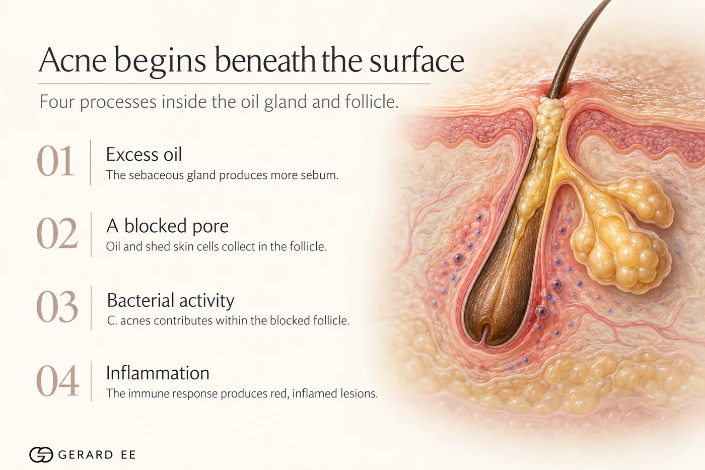 How acne begins: excess oil, a blocked pore, C. acnes and inflammation inside the follicle