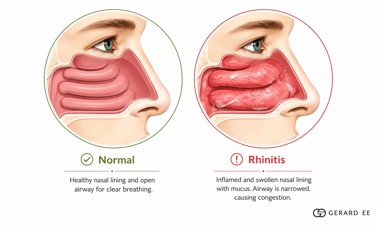 Healthy nasal lining compared with allergic rhinitis, the cause of allergy-related dark eye circles