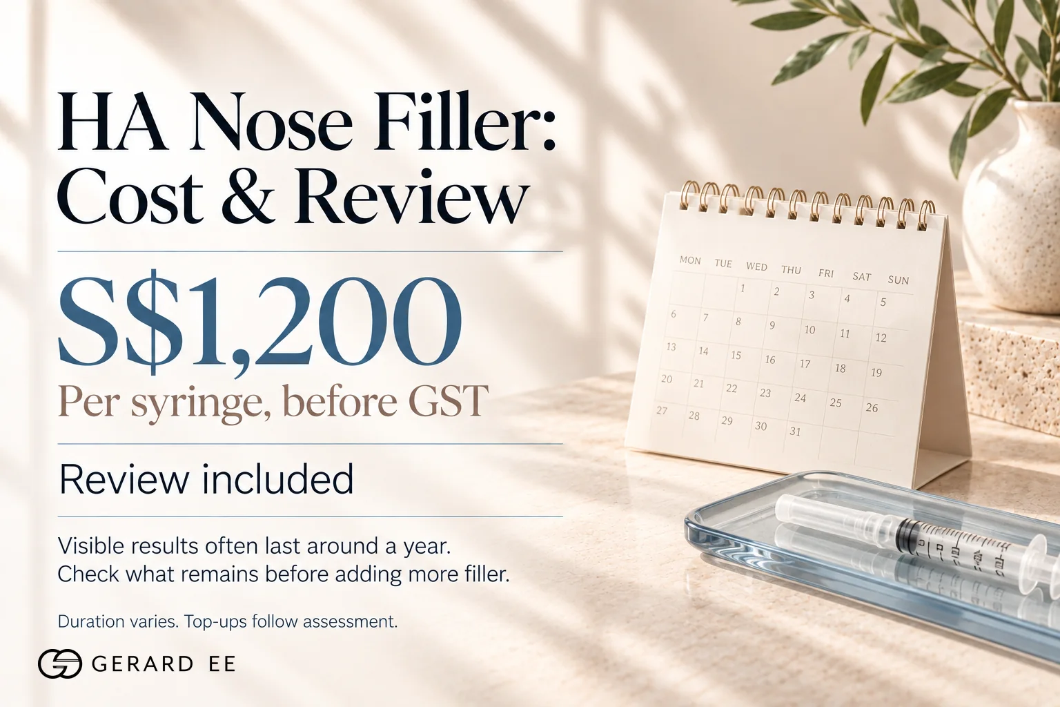 Hyaluronic acid nose filler cost in Singapore, S$1,200 per syringe before GST with review included