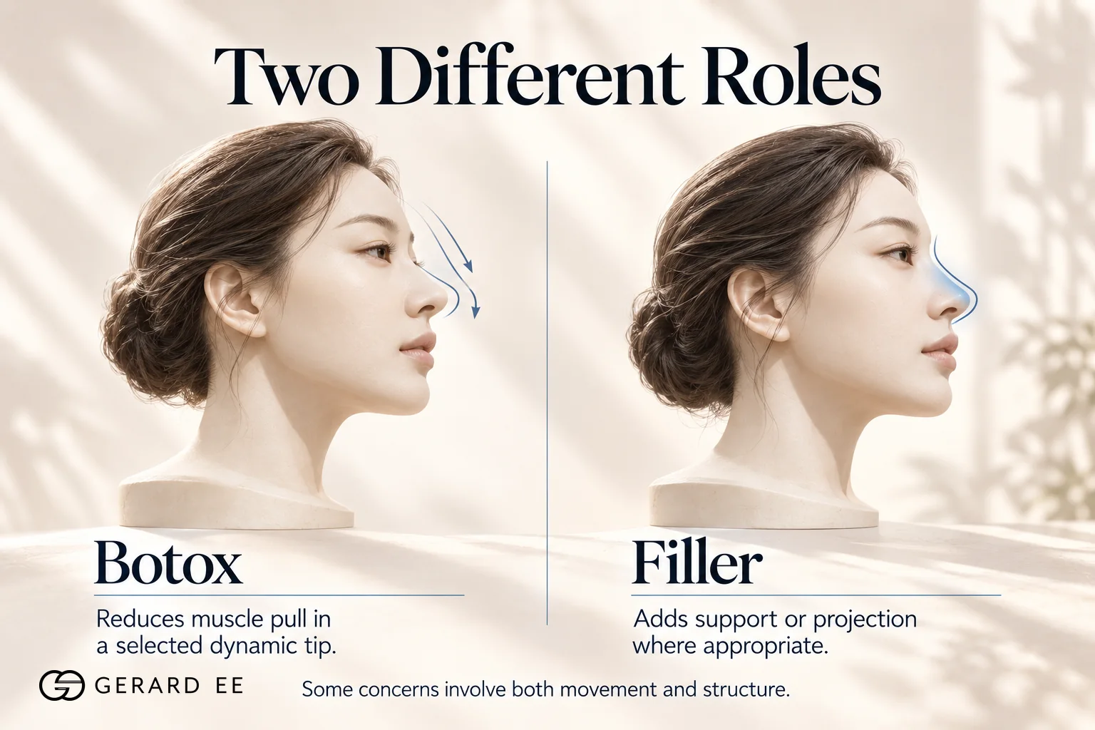Botox nose tip lift compared with nose tip filler, muscle pull versus support
