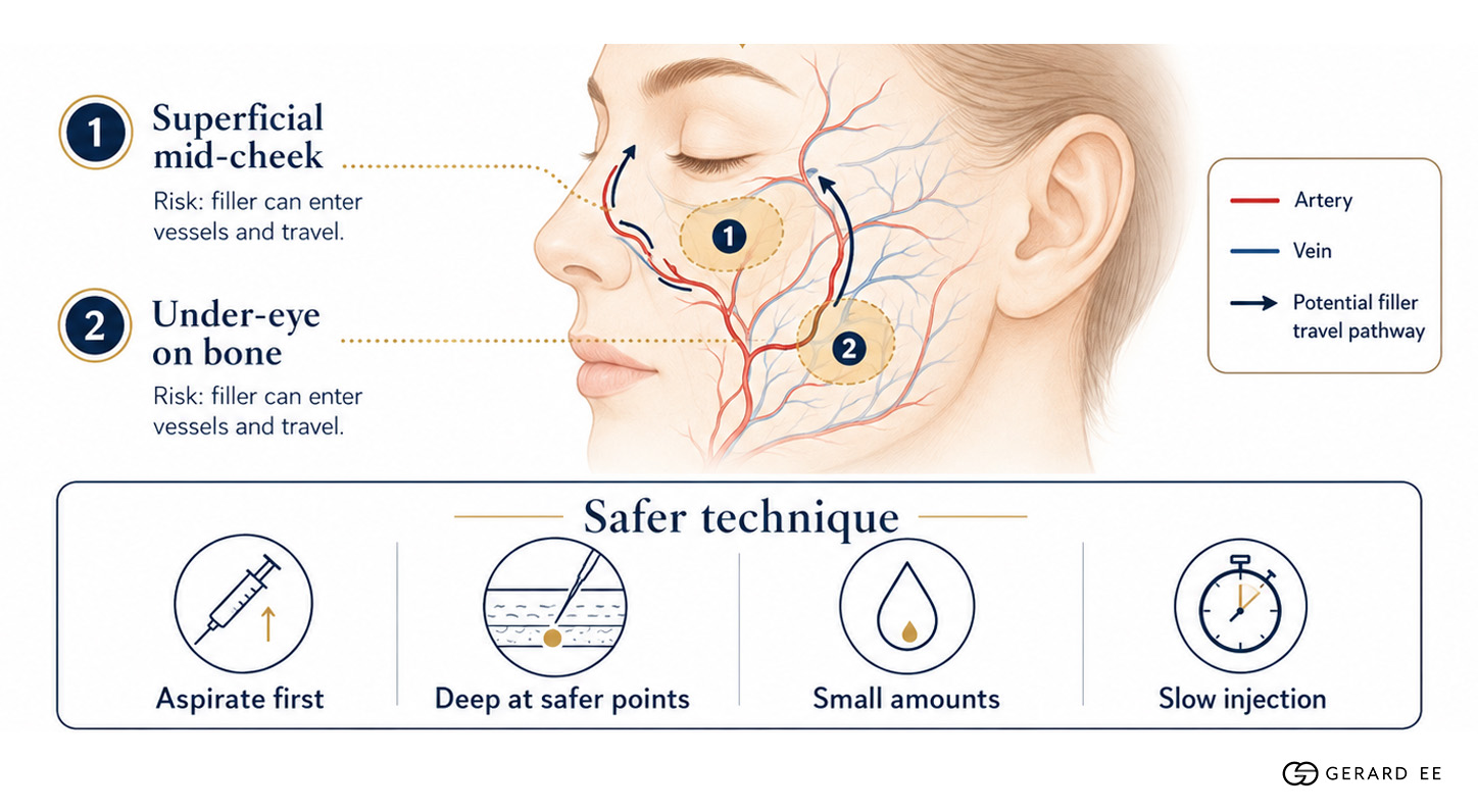 Cheek filler safety in Singapore: mid-cheek and under-eye risk zones, and safer technique with aspiration, deep placement, small amounts and slow injection