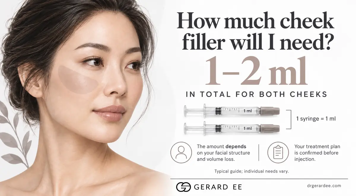 How much cheek filler is needed in Singapore: 1 to 2 ml in total for both cheeks, with one syringe holding 1 ml
