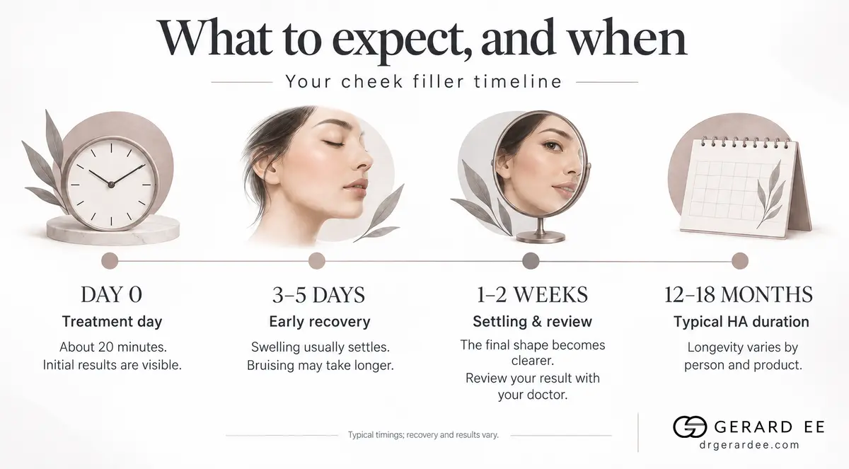 Cheek filler timeline in Singapore: treatment day, swelling settling at three to five days, review at one to two weeks, and twelve to eighteen months of HA filler