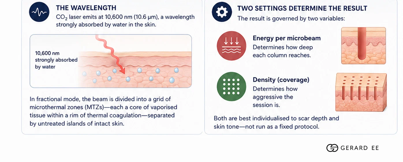 Fractional CO2 laser 10,600 nm wavelength and what it treats in acne scars