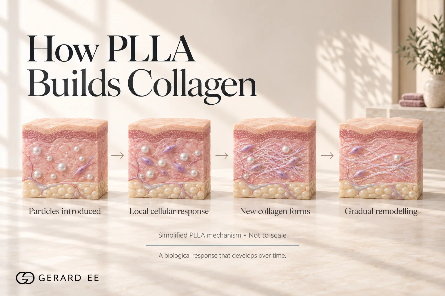 How PLLA builds collagen, from particles introduced to new collagen and gradual remodelling