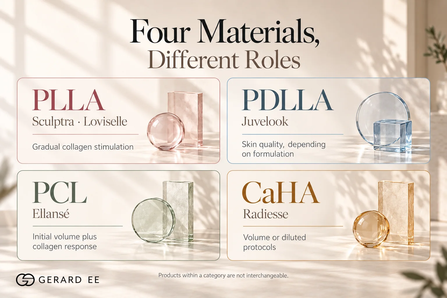Collagen biostimulator materials compared, PLLA Sculptra and Loviselle, PDLLA Juvelook, PCL Ellanse and CaHA Radiesse