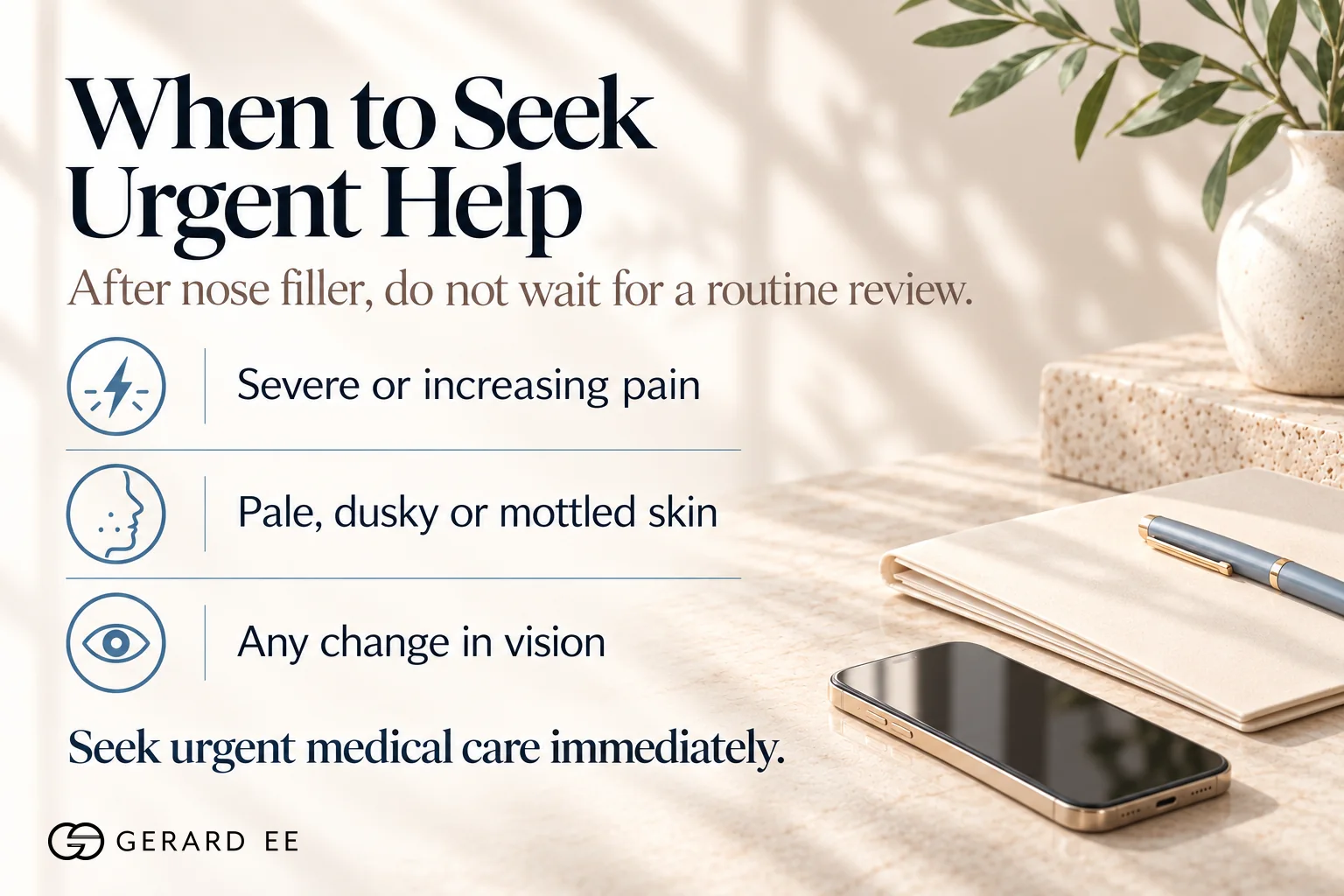 Urgent warning signs after nose filler, severe pain, pale or dusky skin and change in vision
