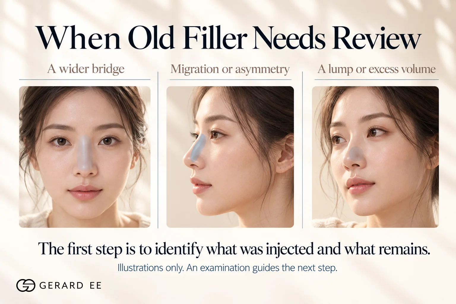 When to dissolve nose filler, a widened bridge, migration or asymmetry, and a lump or excess volume