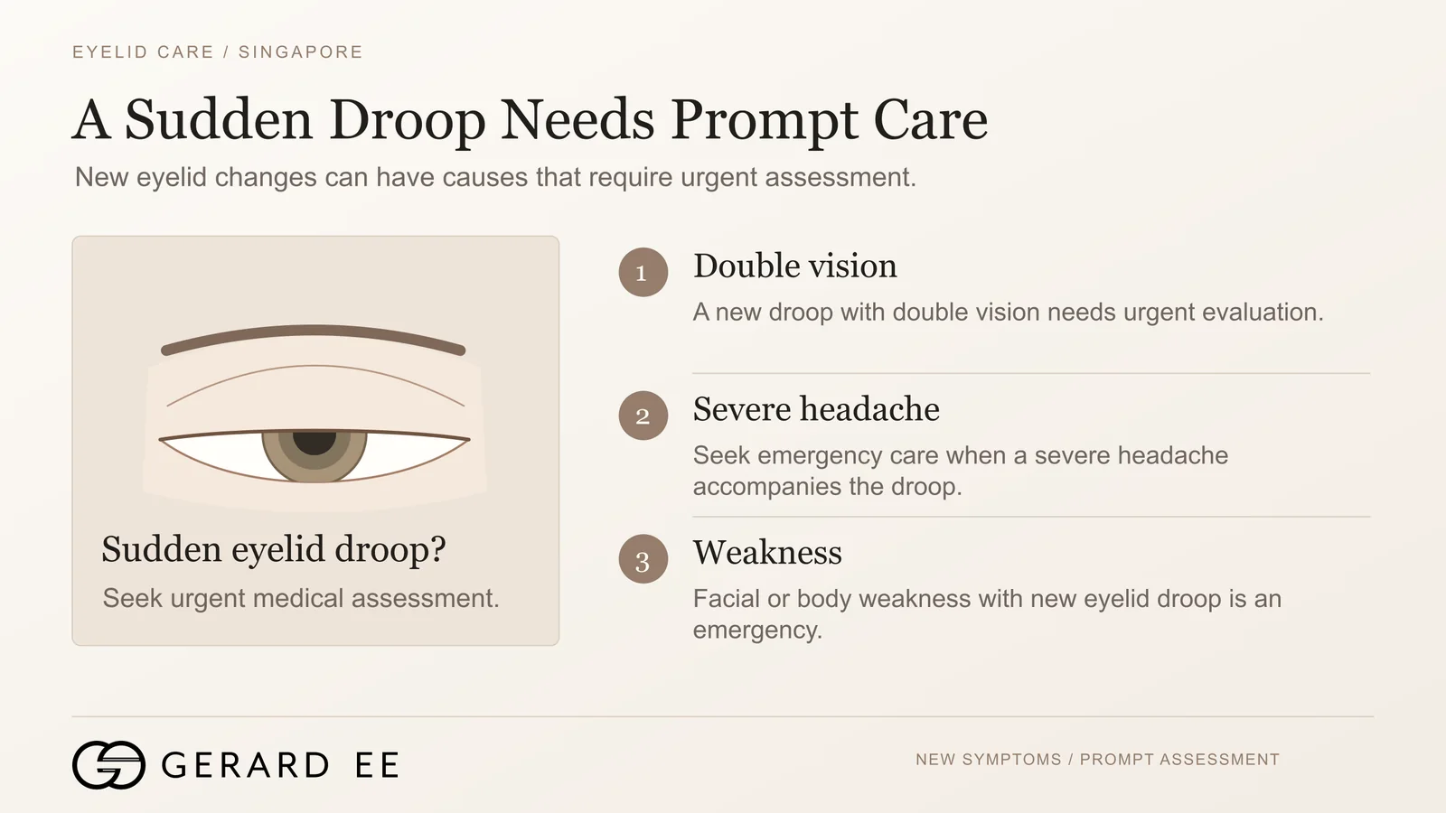 Sudden droopy eyelid warning signs, double vision, severe headache and weakness need urgent care