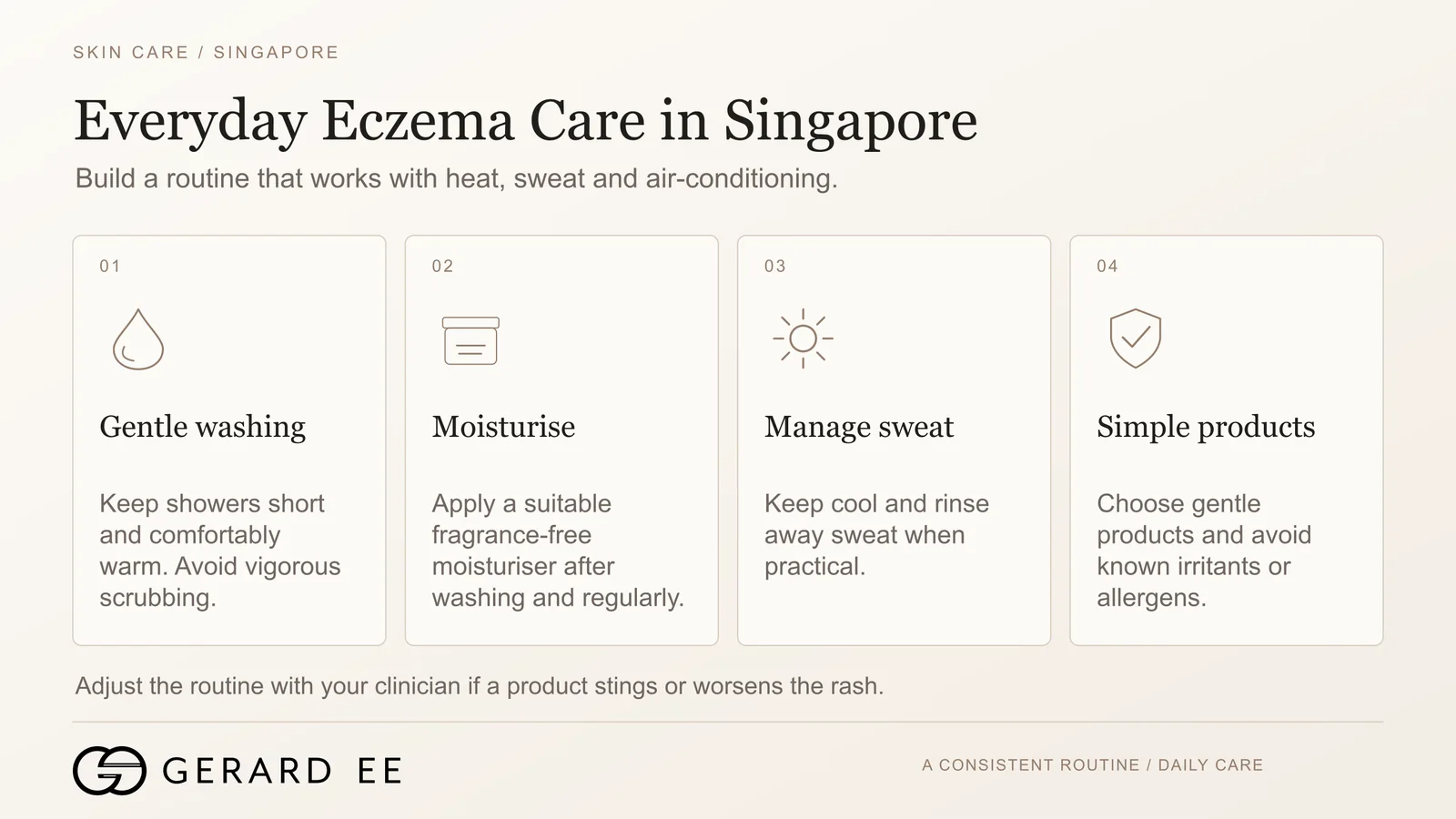 Everyday eczema treatment in Singapore’s heat and humidity, gentle washing, moisturiser and managing sweat