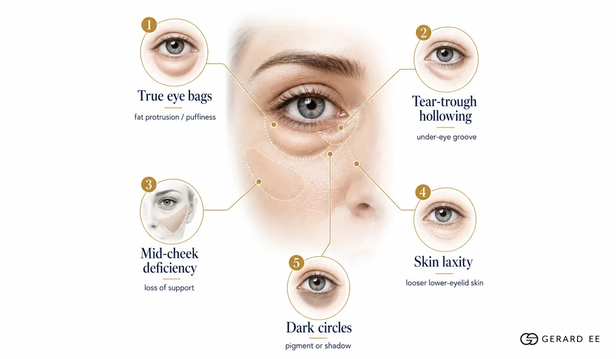 Eye bag and dark circle treatment in Singapore starts with the five lower eyelid problems: true eye bags, tear trough hollowing, mid-cheek deficiency, skin laxity and dark circles