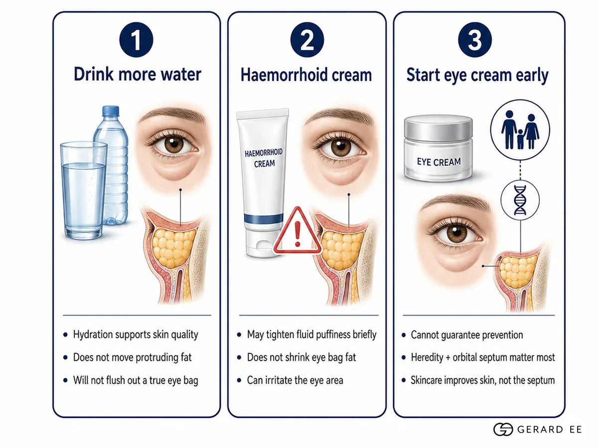 eye bag myths water haemorrhoid cream eye cream Three eye bag myths: drinking more water, haemorrhoid cream and starting eye cream early