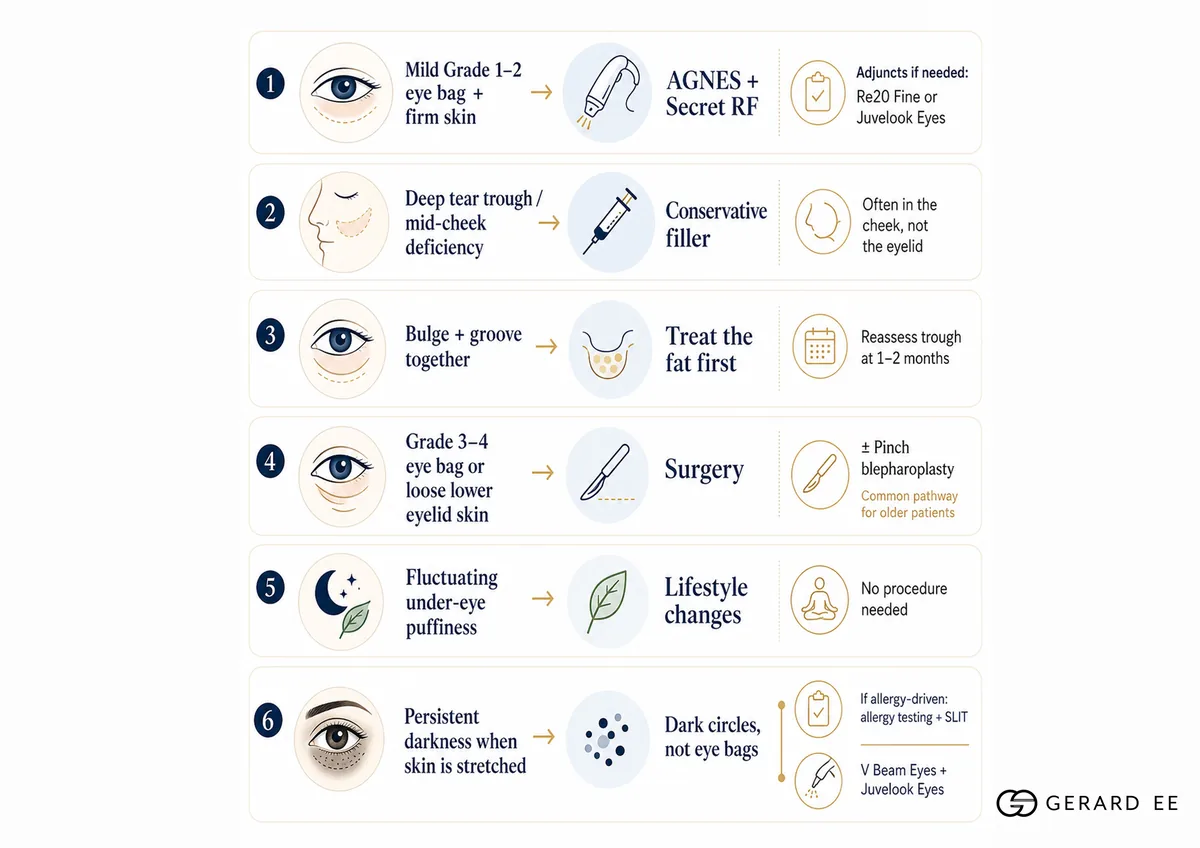 Eye bag treatment algorithm: which treatment for each lower eyelid finding, from AGNES with Secret RF to surgery