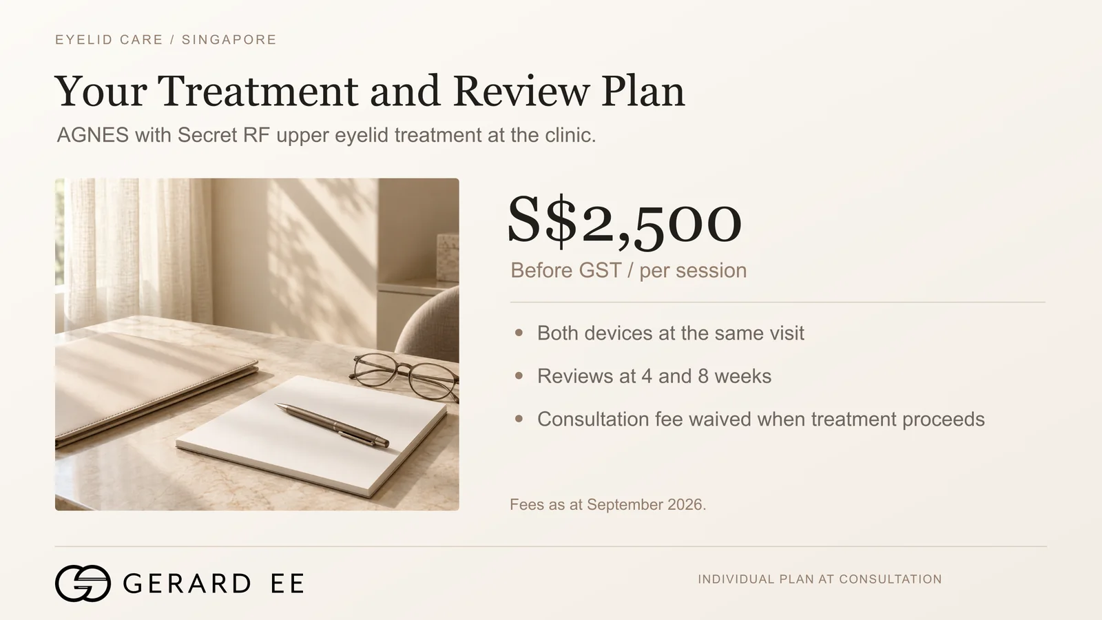 Eyelid lifting treatment cost in Singapore, $2,500 before GST for AGNES and Secret RF together