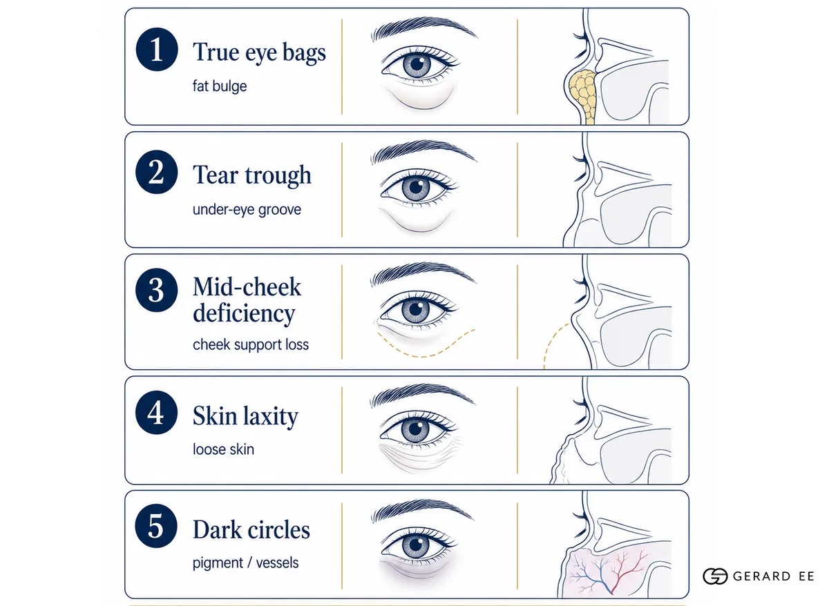 Diagram of the five causes of under-eye change: true eye bags, tear trough, mid-cheek deficiency, skin laxity and dark circles