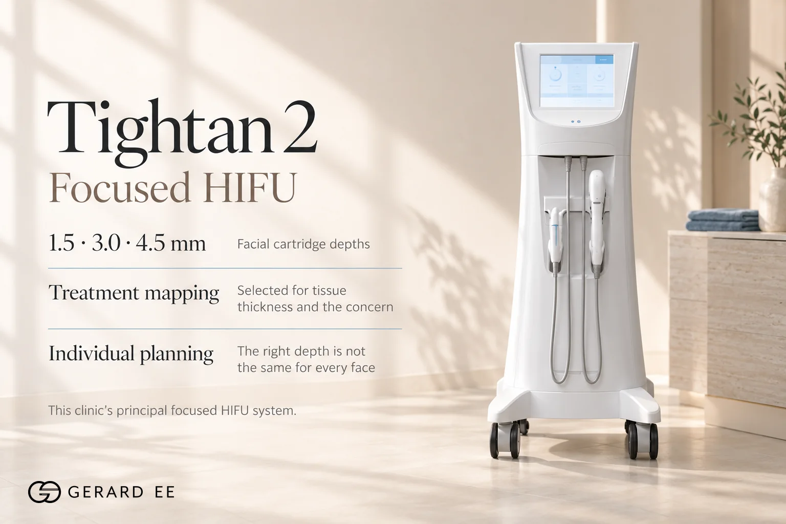 Tightan 2 focused HIFU machine with 1.5, 3.0 and 4.5 mm facial cartridge depths