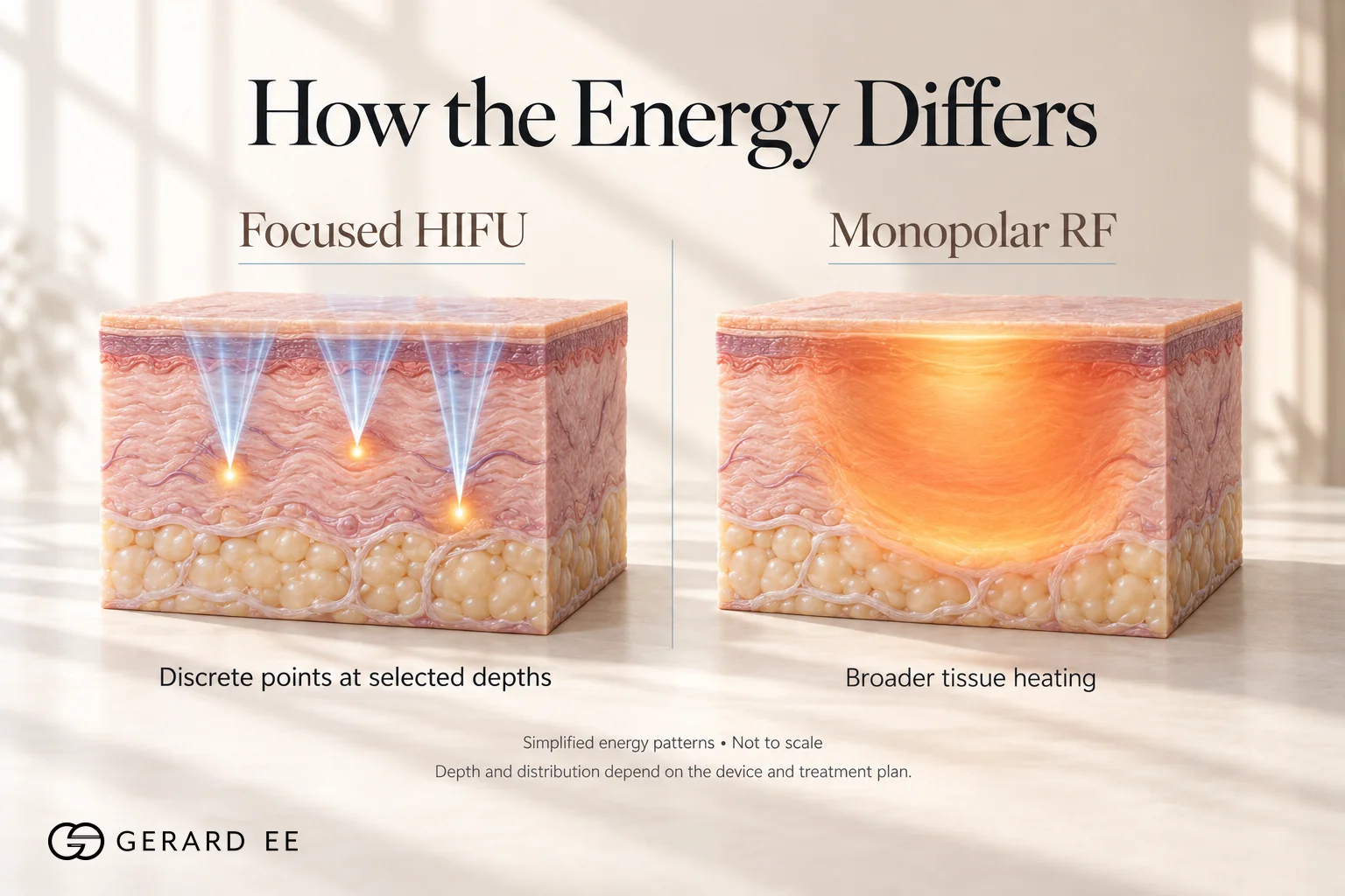 How the energy differs, focused HIFU thermal points versus broader monopolar radiofrequency heating