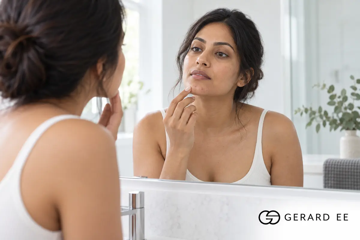 Woman checking hormonal acne on her chin before a hormonal acne treatment consultation in Singapore