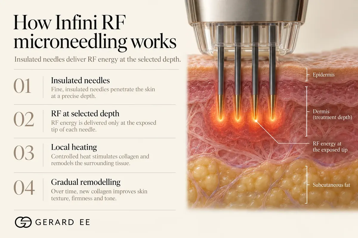 How Infini RF microneedling works: insulated needles deliver RF energy at the selected dermal depth for acne scar treatment