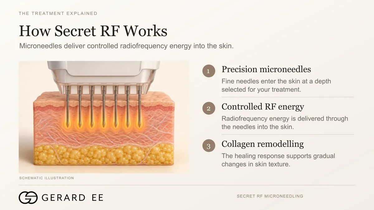 How Secret RF microneedling works for acne scars, microneedles delivering RF energy for collagen remodelling