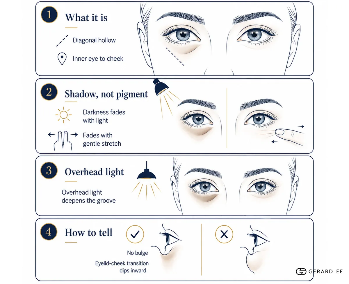 How to identify a tear trough: diagonal hollow, shadow not pigment, and how to tell it from an eye bag