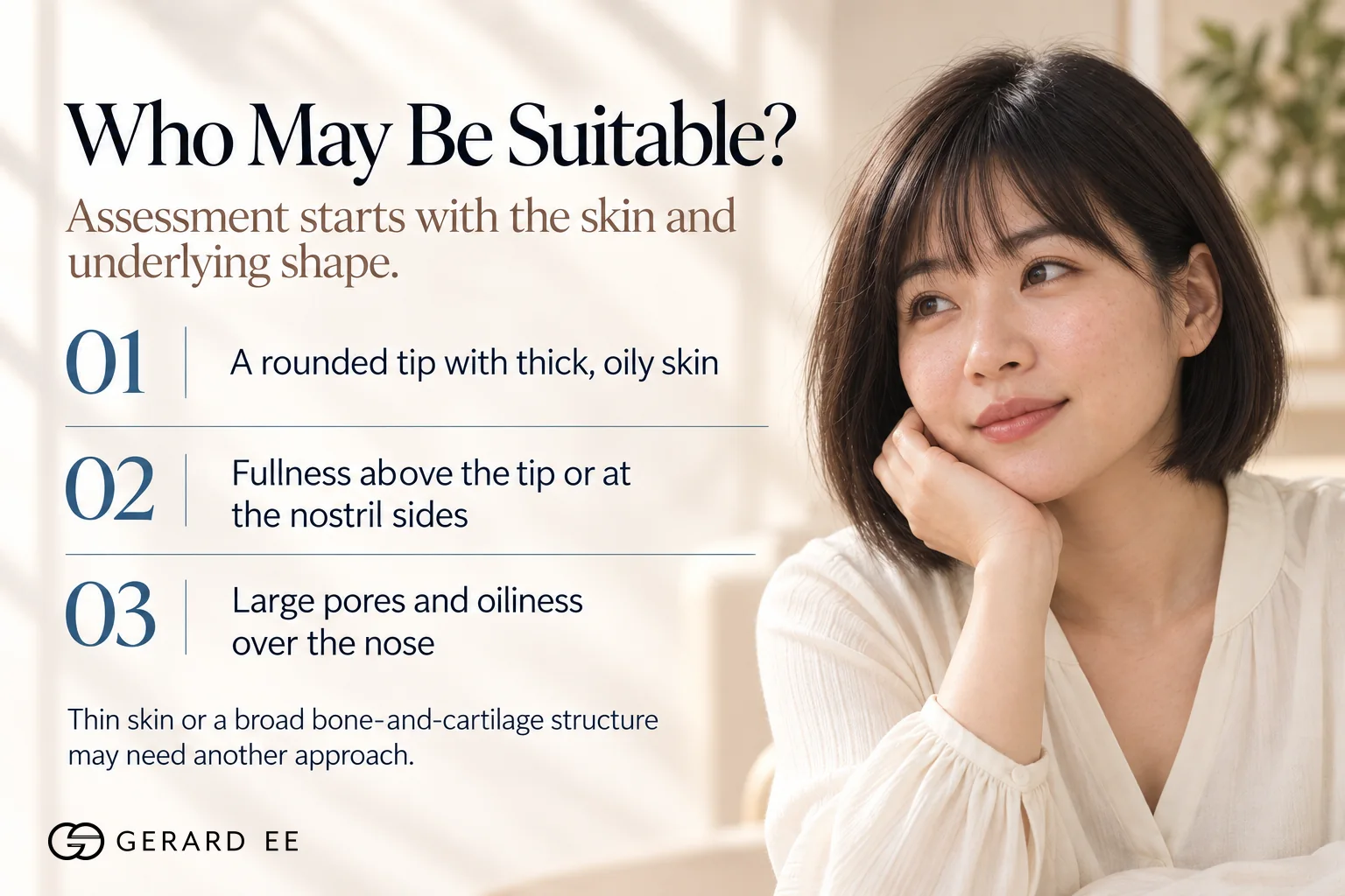 Who suits bulbous nose treatment, a rounded tip with thick oily skin, supratip fullness and large pores