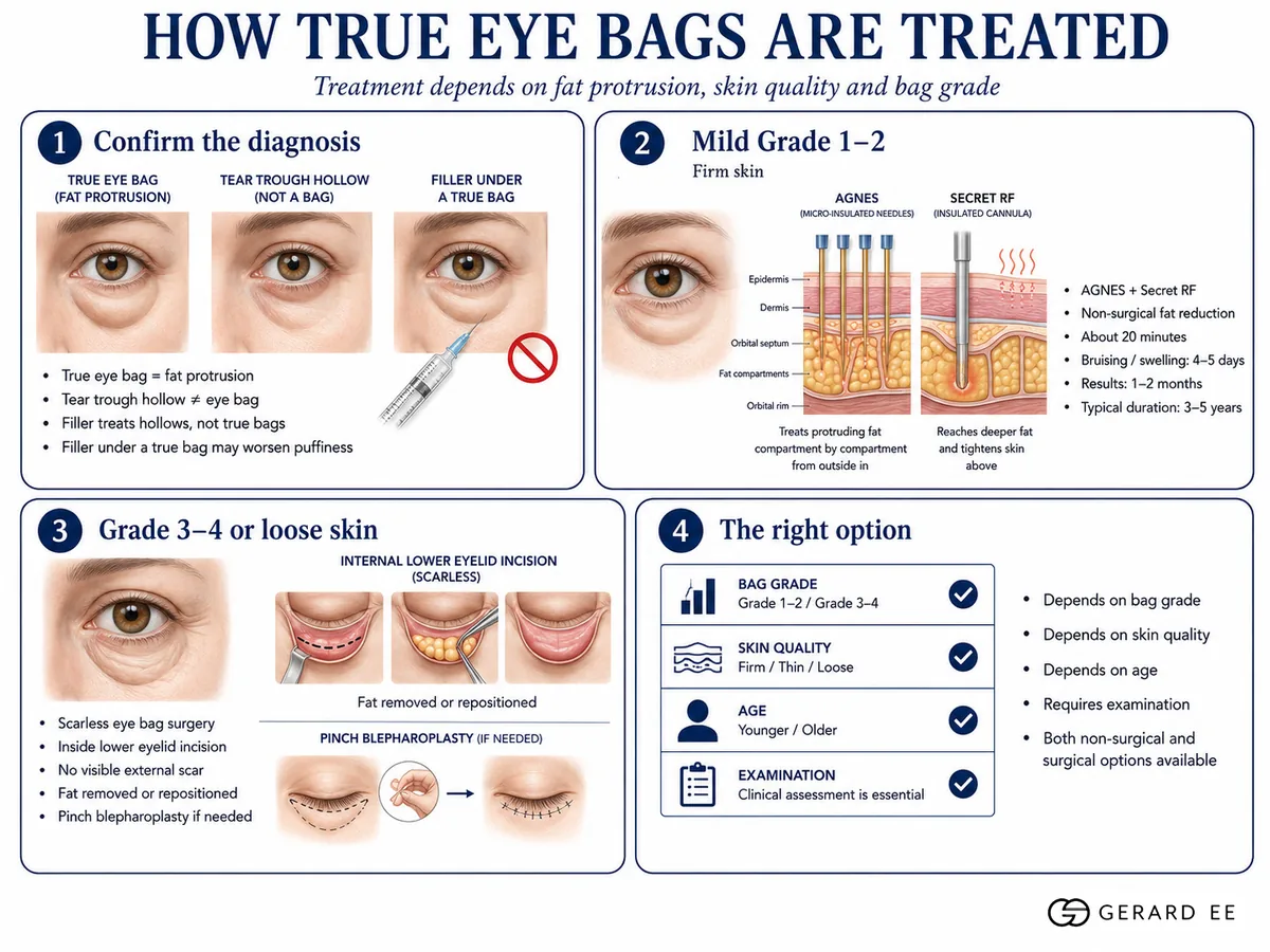 how true eye bags are treated infographic How true eye bags are treated: diagnosis, AGNES with Secret RF for mild bags, scarless surgery for larger bags
