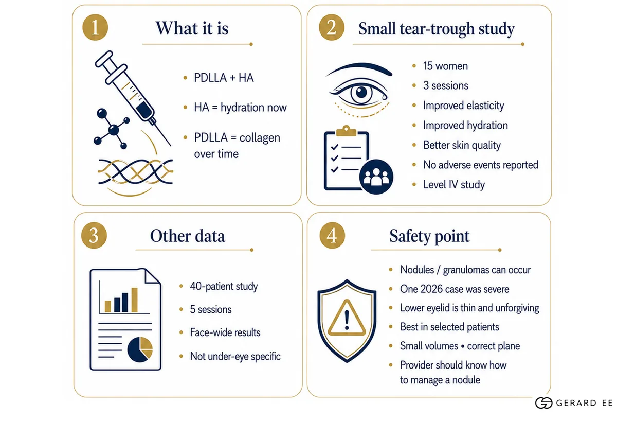 juvelook eyes pdlla under eye evidence infographic Juvelook Eyes PDLLA under-eye booster: what the small tear-trough study and safety data show
