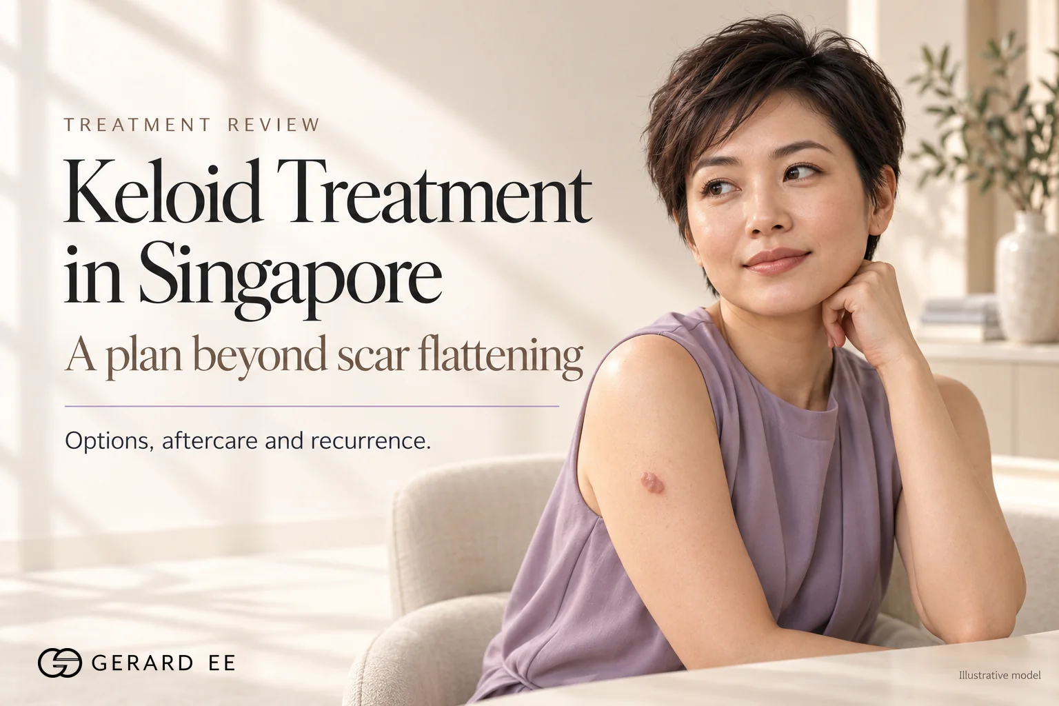 Keloid treatment in Singapore, a woman with a keloid scar on the upper arm, illustrative model