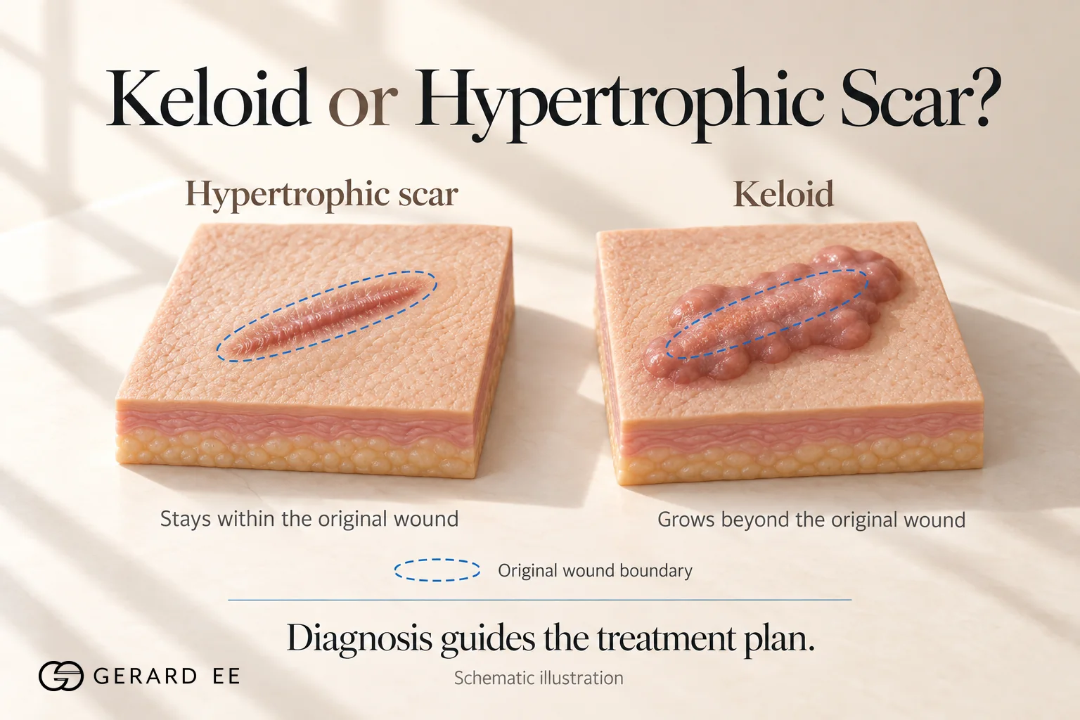 Keloid vs hypertrophic scar, a hypertrophic scar stays within the original wound while a keloid grows beyond it