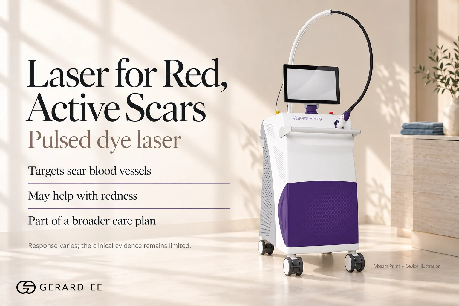 Pulsed dye laser for keloids, a Vbeam Prima laser used for red, active keloid scars