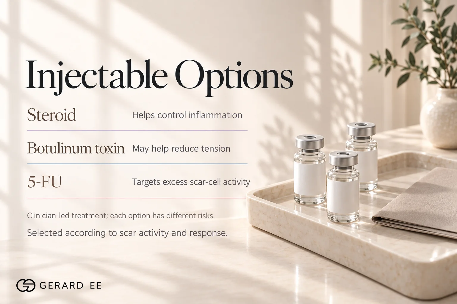 Keloid injection options, steroid, botulinum toxin and 5-FU for keloid treatment
