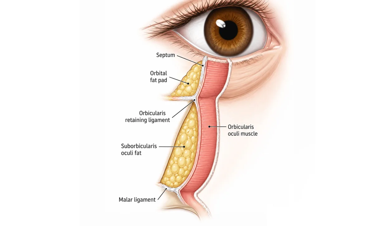 Lower eyelid anatomy for eye bag surgery: orbital fat pad, septum, orbicularis muscle and retaining ligaments