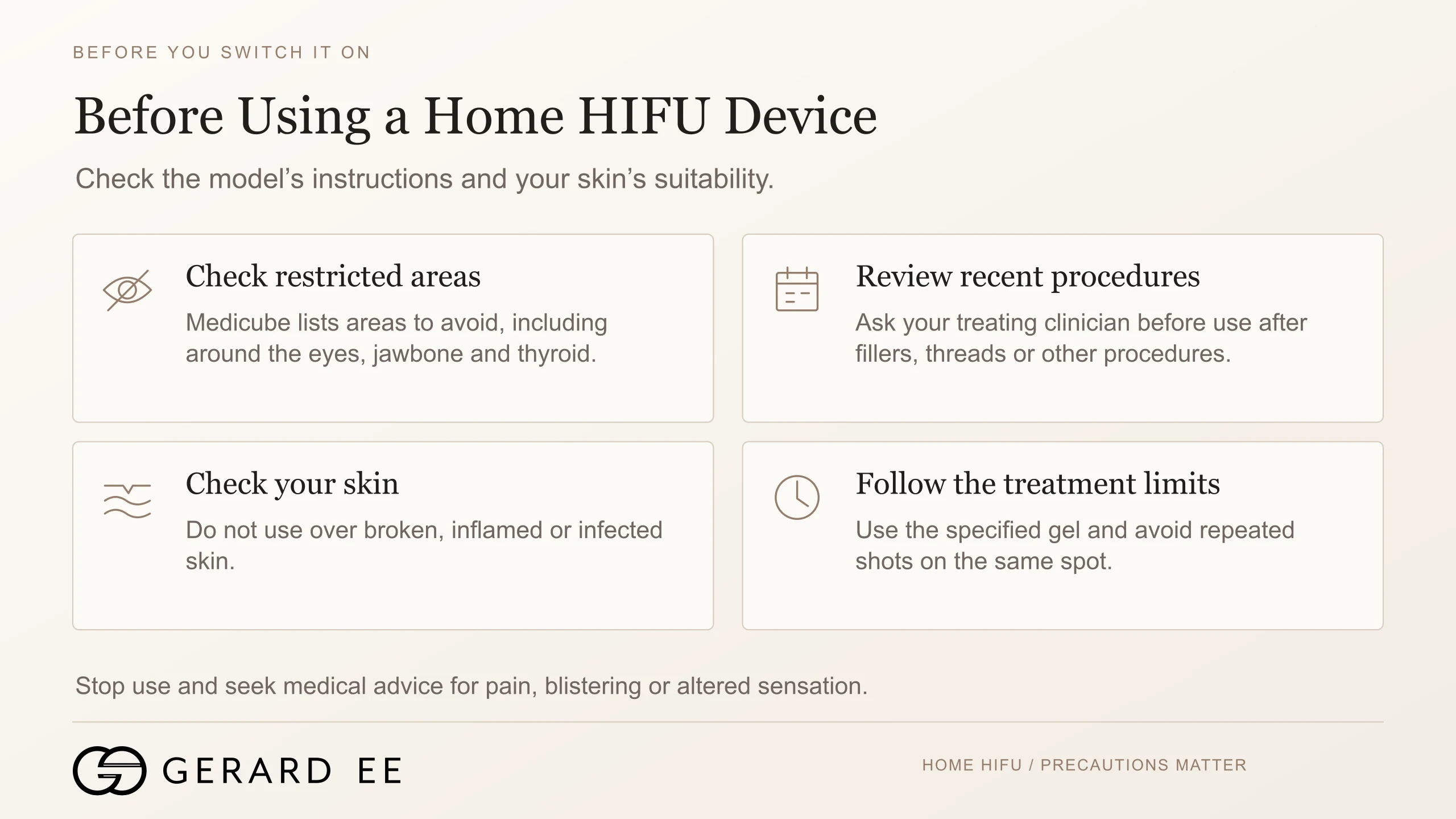 Precautions before using a home HIFU device such as Medicube, restricted areas, recent procedures, skin checks and treatment limits