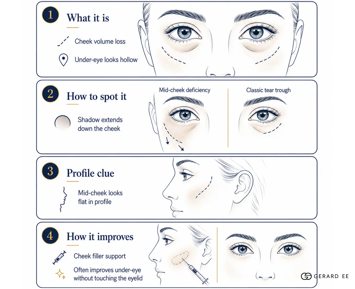 Mid-cheek deficiency explained and how it differs from a tear trough