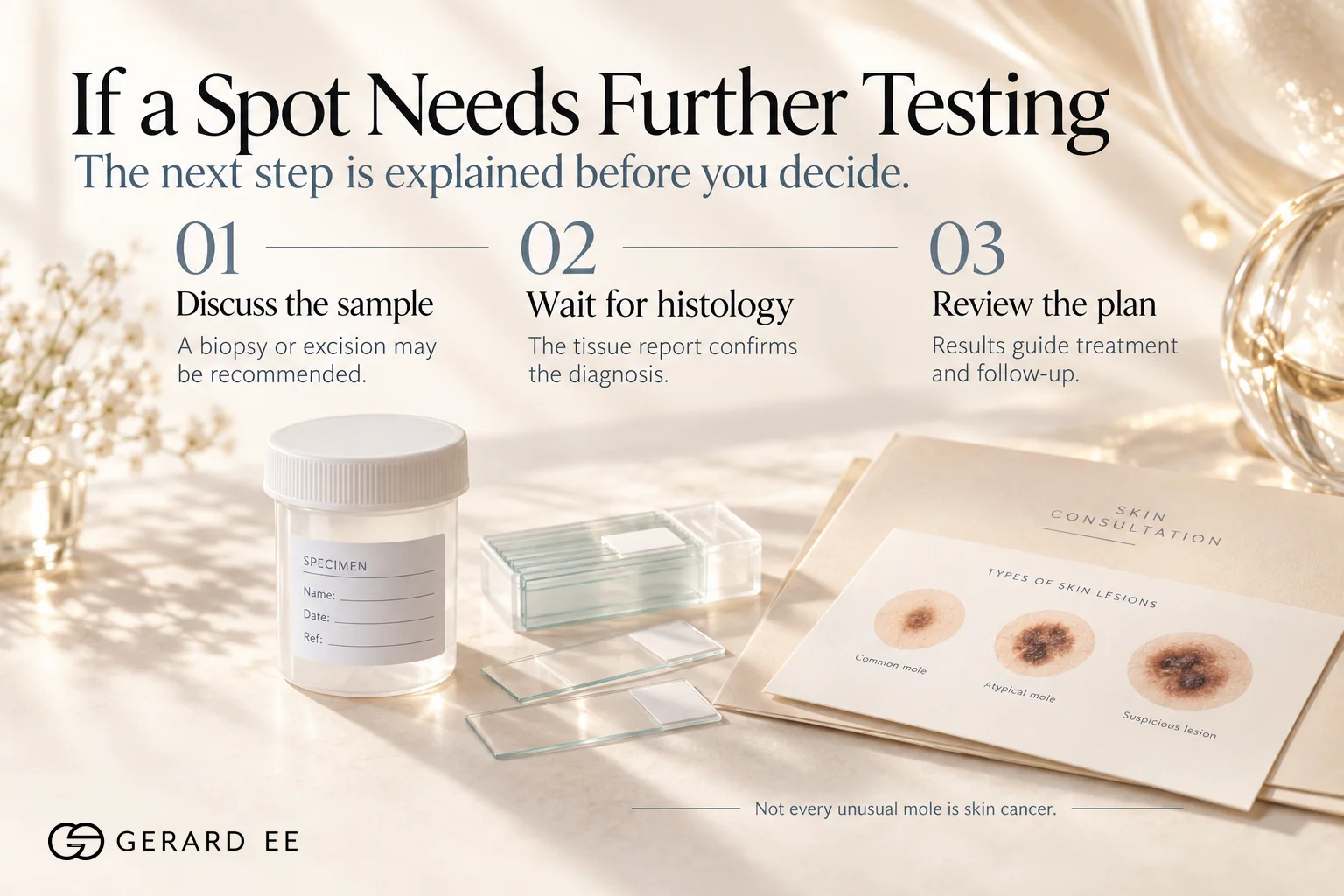 If a mole check finds a suspicious spot, a biopsy or excision, histology and a treatment plan follow