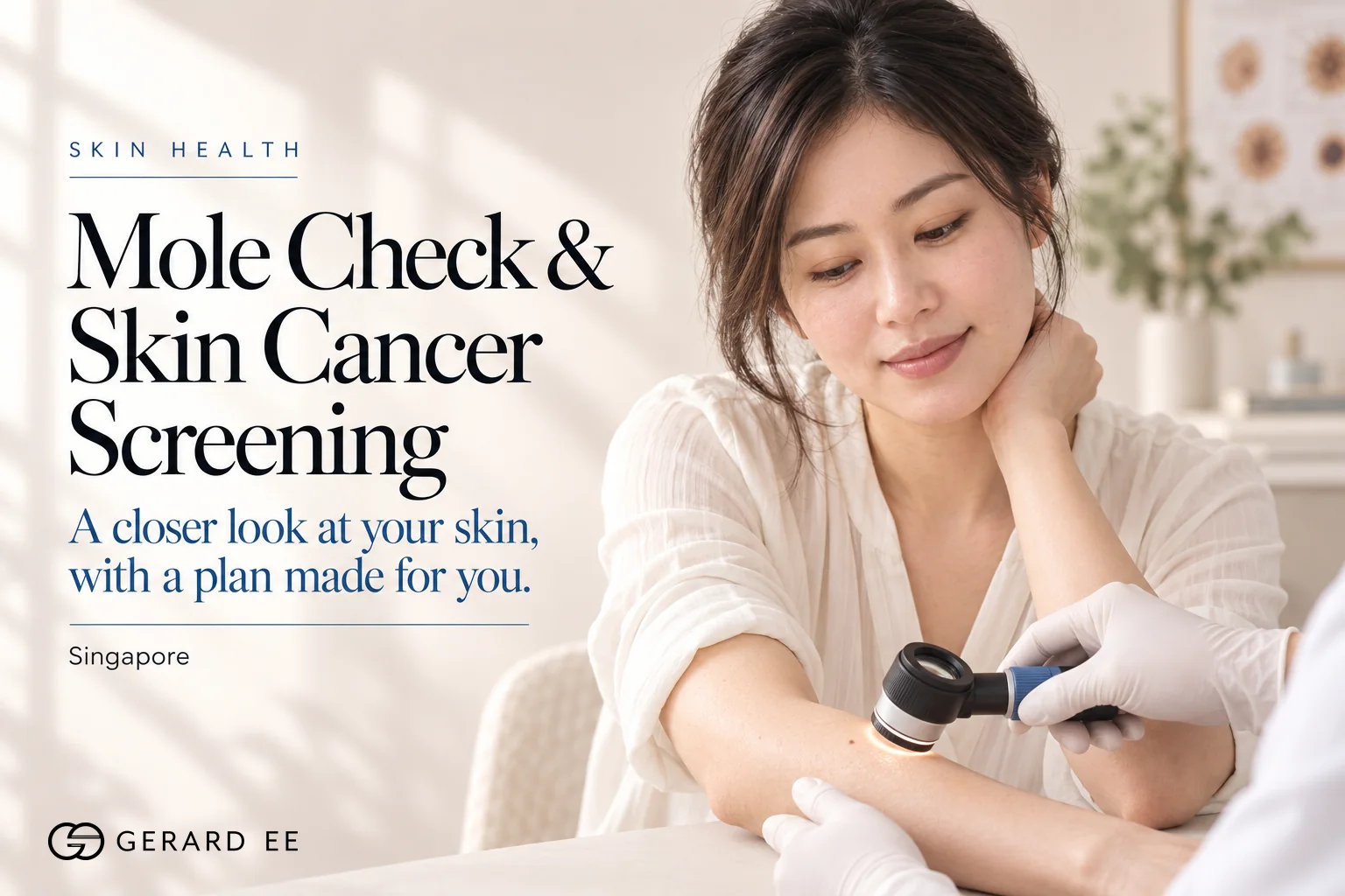 Mole check and skin cancer screening in Singapore, a doctor examining a mole with a dermatoscope
