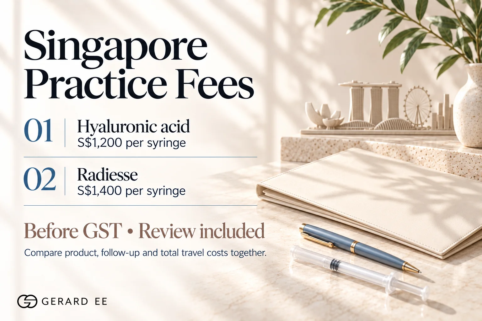 Nose filler price in Singapore, hyaluronic acid S$1,200 and Radiesse S$1,400 per syringe before GST