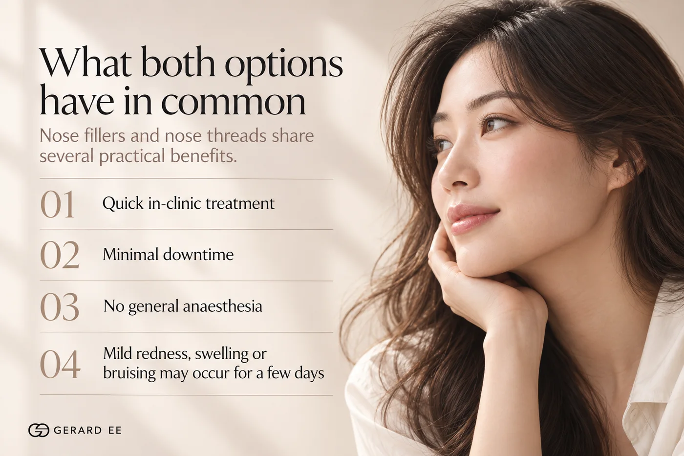 What nose threads and nose fillers have in common: quick in-clinic treatment, minimal downtime, no general anaesthesia, mild swelling or bruising for a few days