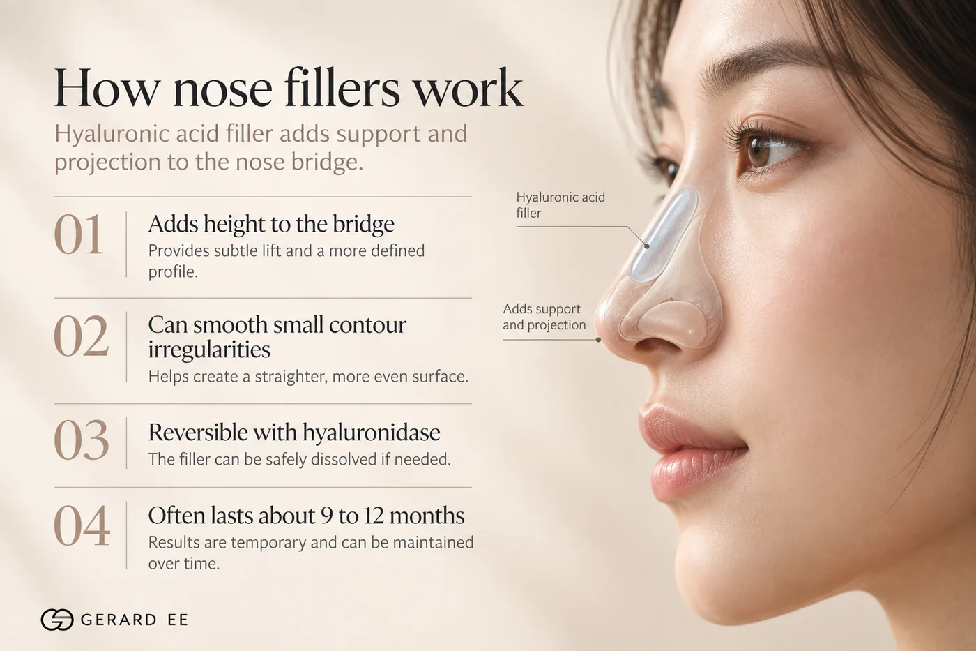 How nose fillers work: hyaluronic acid filler adds height and projection to the nose bridge, reversible with hyaluronidase, lasts about 9 to 12 months