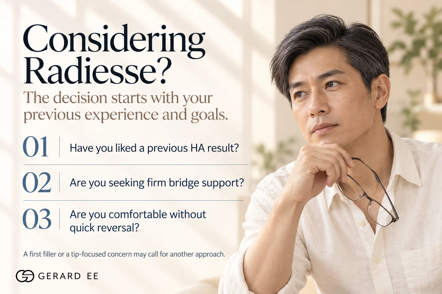 Who suits Radiesse nose filler, a previous HA result, firm bridge support and no need for quick reversal