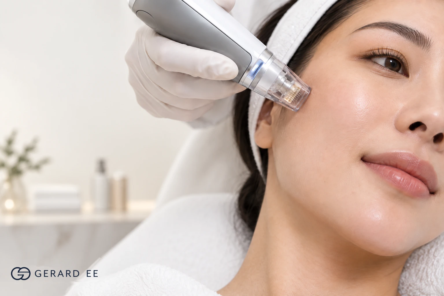 RF microneedling treatment in Singapore: handpiece with insulated needle tip applied to the cheek