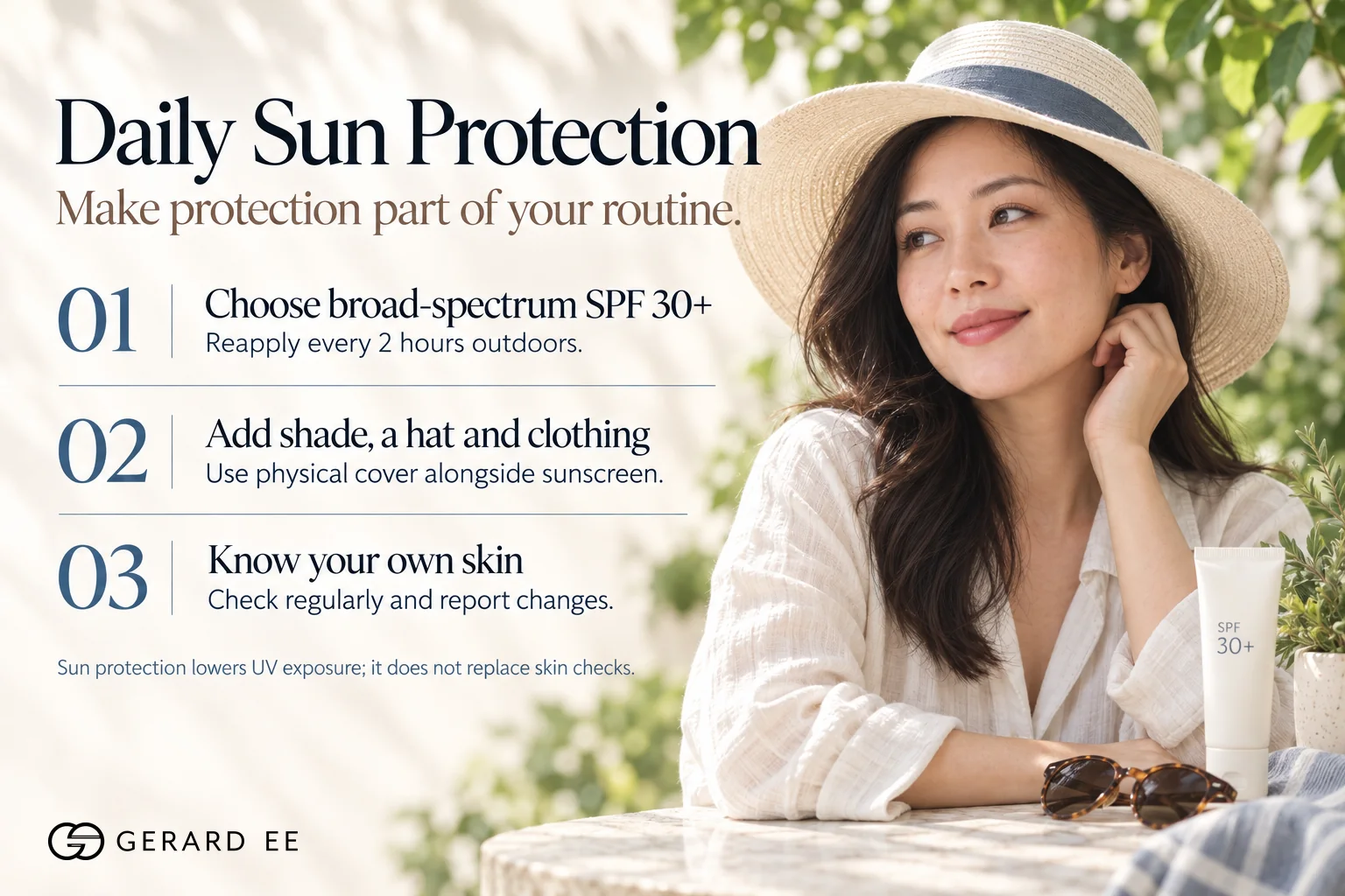 Skin cancer prevention in Singapore with broad-spectrum SPF 30 sunscreen, shade, a hat and regular self-checks
