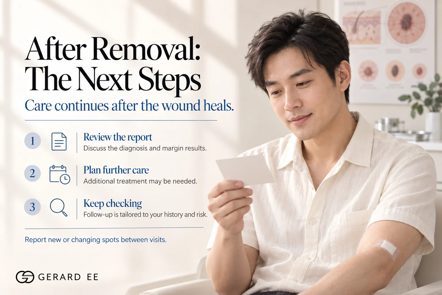 Follow-up after skin cancer removal, review the histology report, plan further care and keep checking the skin