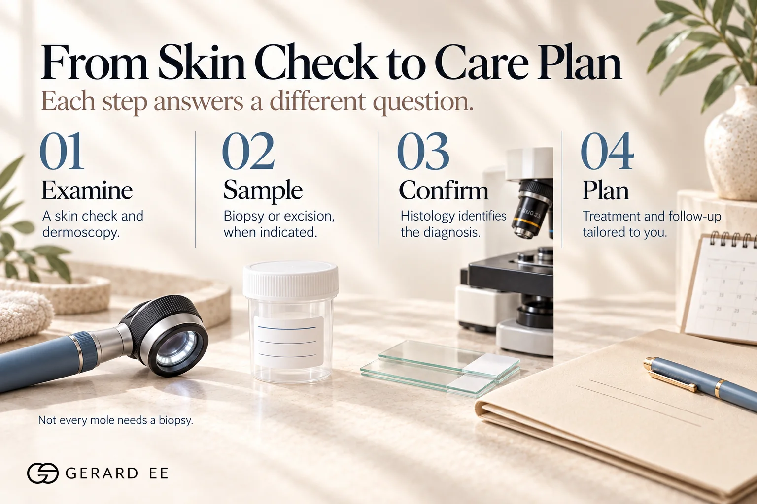 Skin cancer care from skin check to treatment plan, examine, sample, confirm with histology and plan follow-up