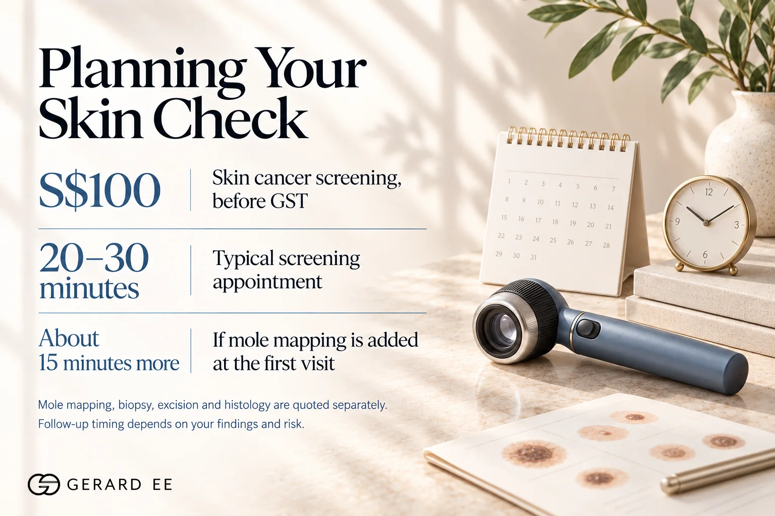 Skin cancer screening in Singapore costs S$100 before GST, a typical appointment takes 20 to 30 minutes, about 15 minutes more with mole mapping
