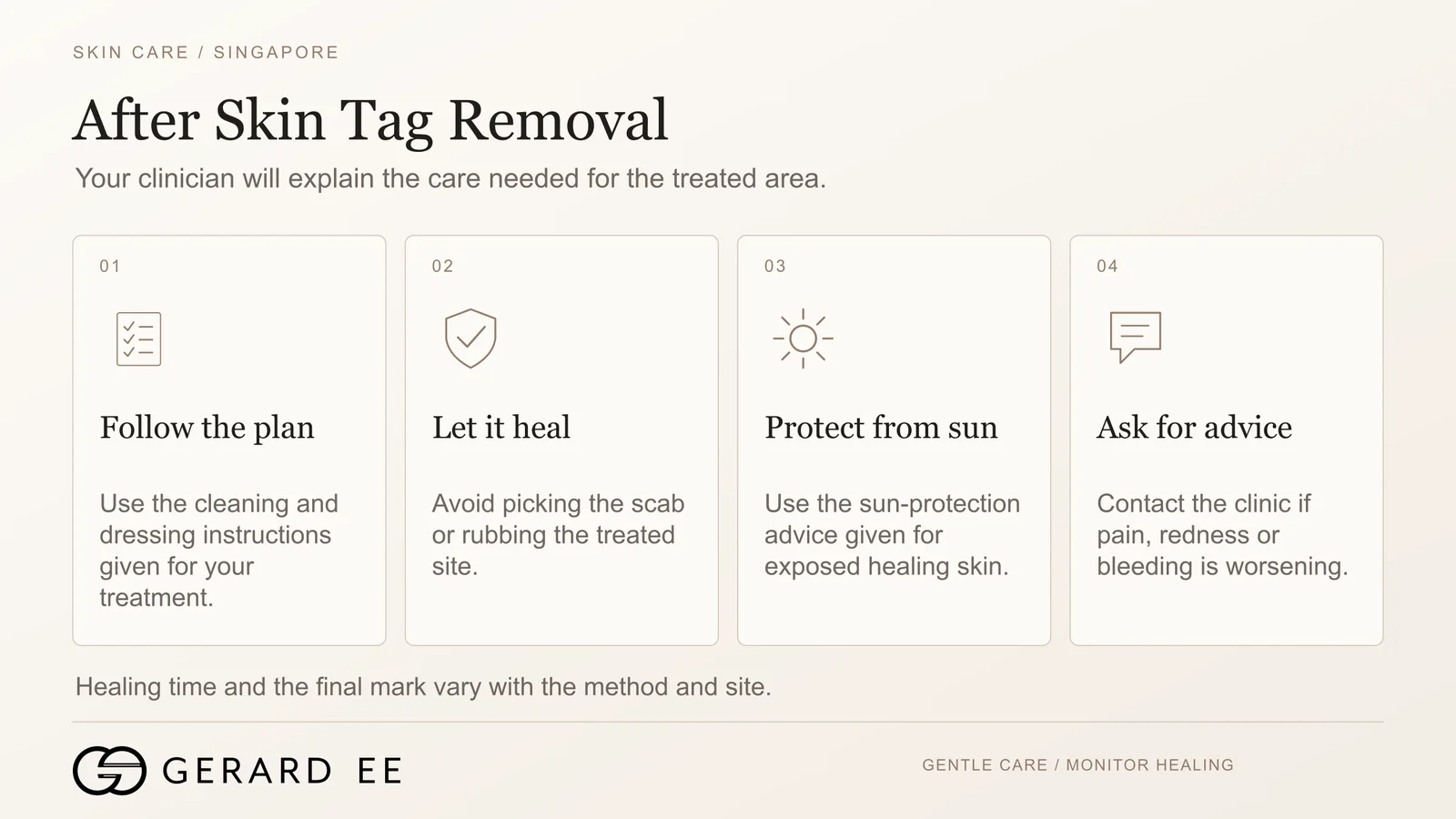 Aftercare following skin tag removal in Singapore, follow the plan, let it heal, protect from sun, ask for advice